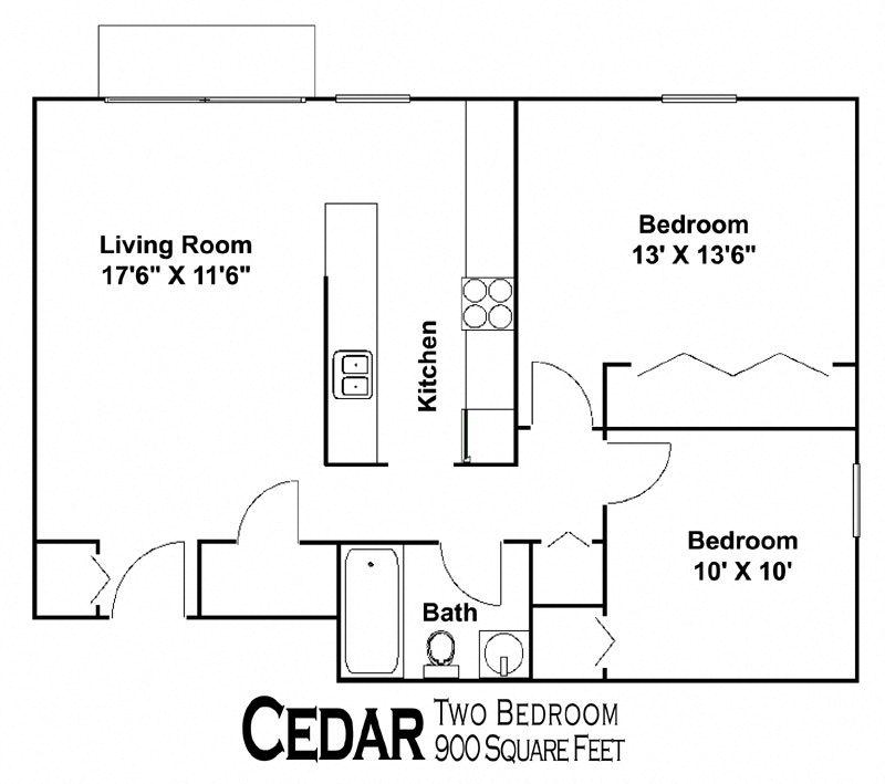Floor plan for 2 beds, 1 bath, 900 sqft